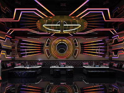 Modern KTV Interior With Neon Lights Circular Design And Comfortable Seating 3d model