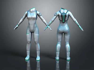 Silver Futuristic Bodysuit With Green Accent Lines And Metallic Shine Front Back Views 3d model