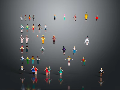 Diverse Game and Movie Characters in Various Colors and Costumes on Gray Background with Reflections 3d model