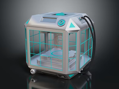 Cartoon Scene of Silver Tech Device with Blue Accents Transparent Grid Windows and Black Cable 3d model