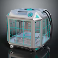 Cartoon Scene of Silver Tech Device with Blue Accents Transparent Grid Windows and Black Cable