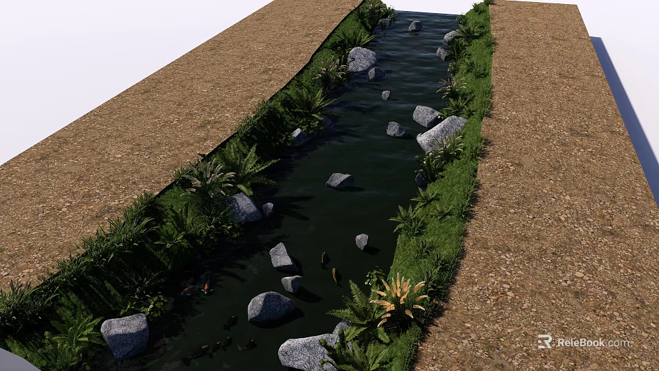 Scenic Garden Landscape With Natural Stream Stones And Lush Green Foliage 3d model 