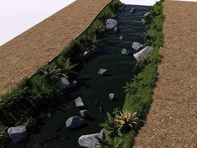 Scenic Garden Landscape With Natural Stream Stones And Lush Green Foliage 3d model