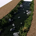 Scenic Garden Landscape With Natural Stream Stones And Lush Green Foliage