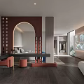 Modern Hotel Room Interior With Large Bed Blue Ottoman Wooden Floor Mirror And Wall Artwork