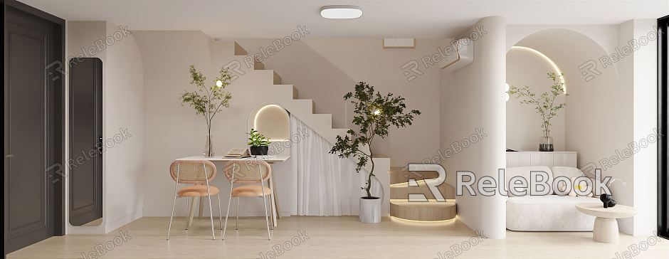 Modern Apartment Guest Restaurant Single Apartment Dining Table Sofa Cream Log Stair Duplex Potted Plant Living Room Dining Room model