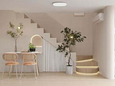 Modern Apartment Interior with Lit Staircase Dining Table Chairs and Green Plants 3d model