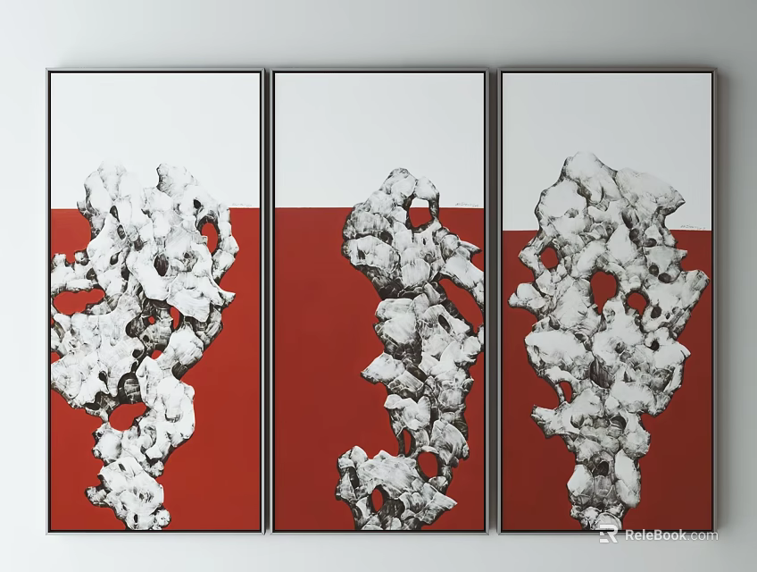 Modern Three Panel Wall Art With Red Background And White Abstract Patterns 3d model