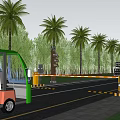 Entrance Gate With Palm Trees Along Road And Green Vehicle View