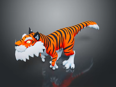 Stylized Cartoon Tiger 3D Model With Orange Black Stripes White Mane And Paws 3d model