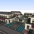 Elegant Commercial Street With White Buildings Outdoor Seating Areas Umbrellas And Store Signs