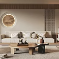 Chinese Style Living Room Interior With Round Decorative Painting Wooden Furniture And Beige Sofa
