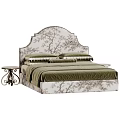 Chic Vintage Floral Upholstered Double Bed With Olive Green Bedding And Retro Decorative Side Table