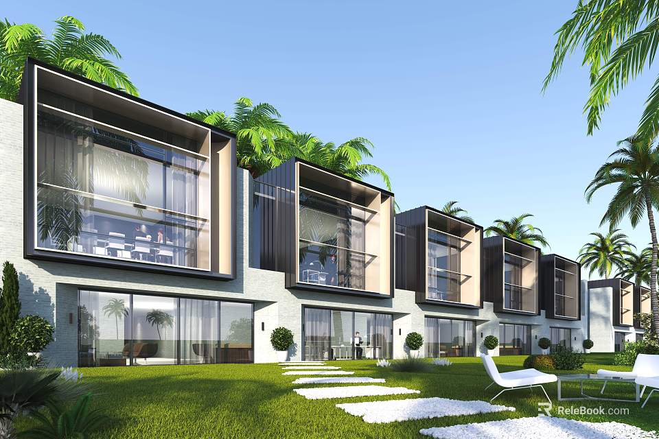 Modern Townhouse Exterior With Greenery Lawn Terraces Pathways And Palm Trees 3d model 