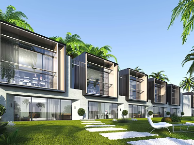 Modern Townhouse Exterior With Greenery Lawn Terraces Pathways And Palm Trees 3d model