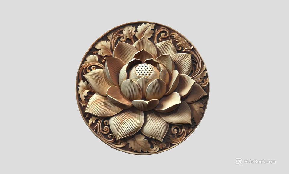 Detailed Intricate Wooden Lotus Carving with Circular Frame and Ornate Leaf Motifs 3d model 