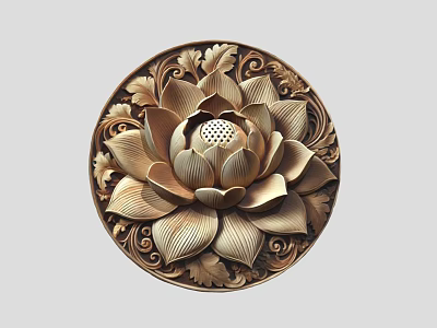 Detailed Intricate Wooden Lotus Carving with Circular Frame and Ornate Leaf Motifs 3d model