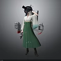 Anime Character With Black Hair Bun White Top Green Long Skirt And Dual Blades