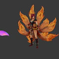 Game Fantasy Character Red Haired Female With Flaming Nine Tails Ornate Armor And Dynamic Pose