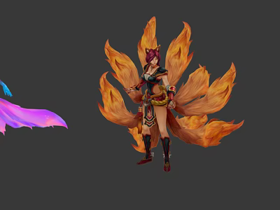 Game Fantasy Character Red Haired Female With Flaming Nine Tails Ornate Armor And Dynamic Pose 3d model