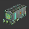 Industrial Equipment Unit With Gray Body Top Square Modules Yellow Fan And Warning Labels