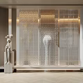 Elegant Modern Glass Partition With Hollow Pattern Warm Lighting And Decorative Sculpture