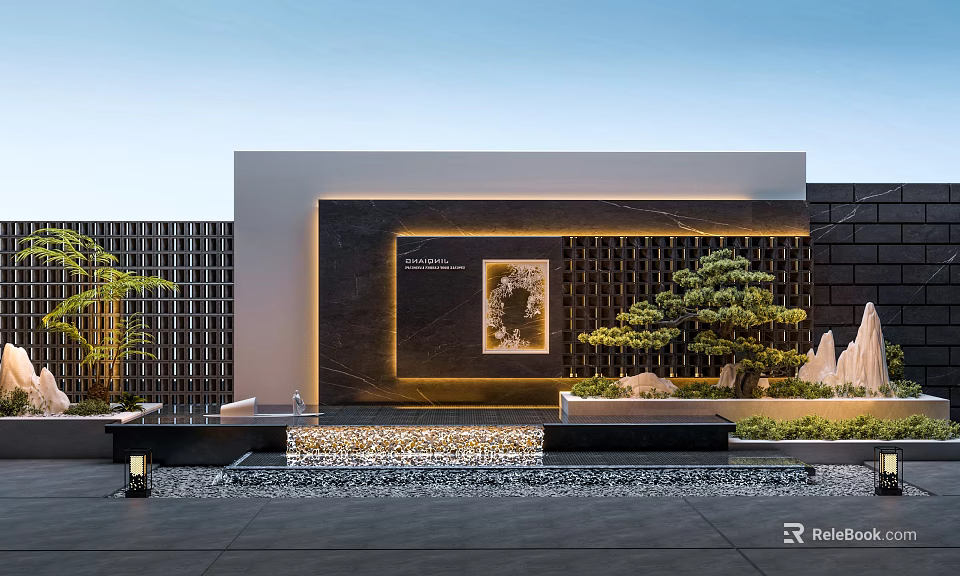 Modern Garden Landscape with Black Grid Wall Illuminated Artwork Bonsai Tree Water Feature and Pebbles 3d model 
