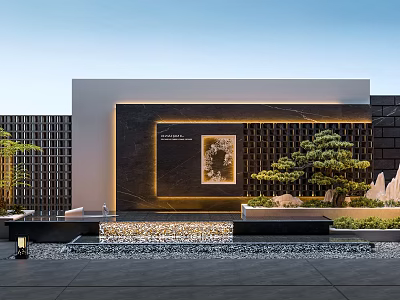 Modern Garden Landscape with Black Grid Wall Illuminated Artwork Bonsai Tree Water Feature and Pebbles 3d model