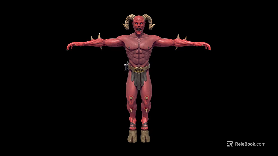 Red Skinned Fantasy Game Movie Character with Ram Horns Muscular Build Spiked Arms Standing Pose 3d model 