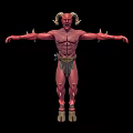 Red Skinned Fantasy Game Movie Character with Ram Horns Muscular Build Spiked Arms Standing Pose