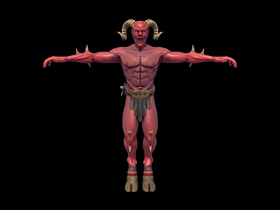 Red Skinned Fantasy Game Movie Character with Ram Horns Muscular Build Spiked Arms Standing Pose 3d model