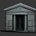 Weathered Stone Structure Featuring Carved Details Columns Wooden Door And Gray Roof