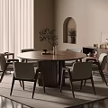 Modern Round Wooden Dining Table Set With Chairs Rug Cabinet Plant And Window Curtains