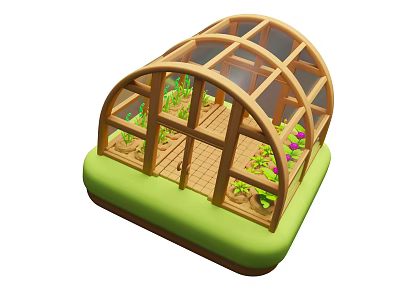 Arched Wooden Framed Greenhouse With Glass Panels Green Plants And Purple Flowers 3d model