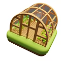 Arched Wooden Framed Greenhouse With Glass Panels Green Plants And Purple Flowers