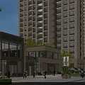 Modern Commercial Street with Tall Buildings Modern Architecture Pedestrians and Greenery