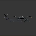 Helicopter with dark body and yellow tipped rotors parked on road with yellow double lines