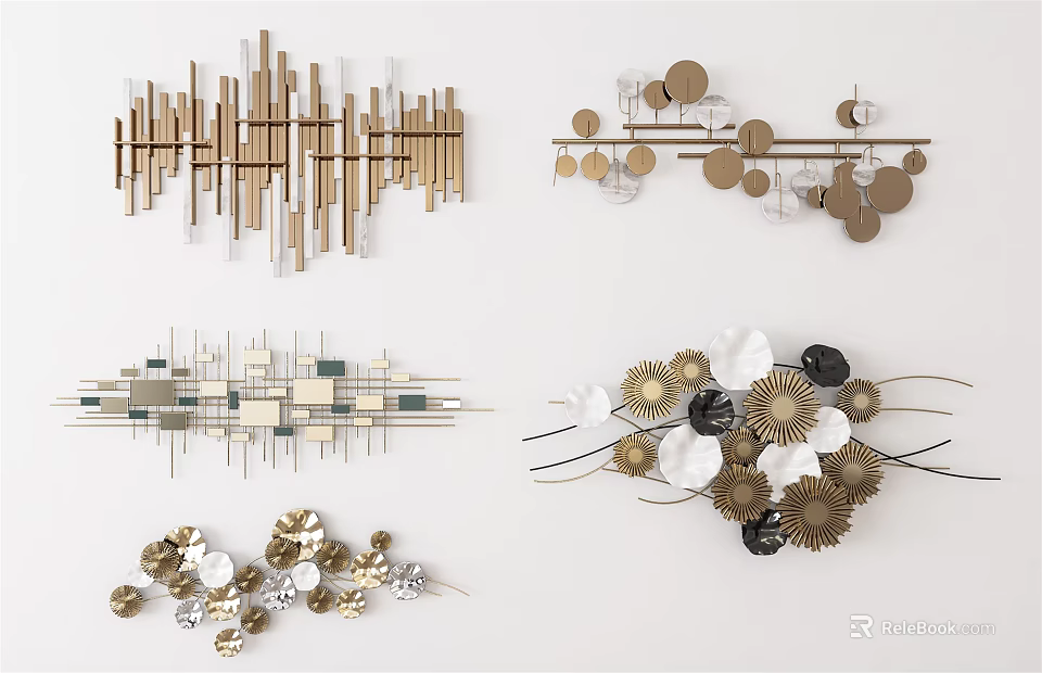 Modern Wall Decor With Geometric Metal Shapes And Gold Silver Black Accents 3d model 