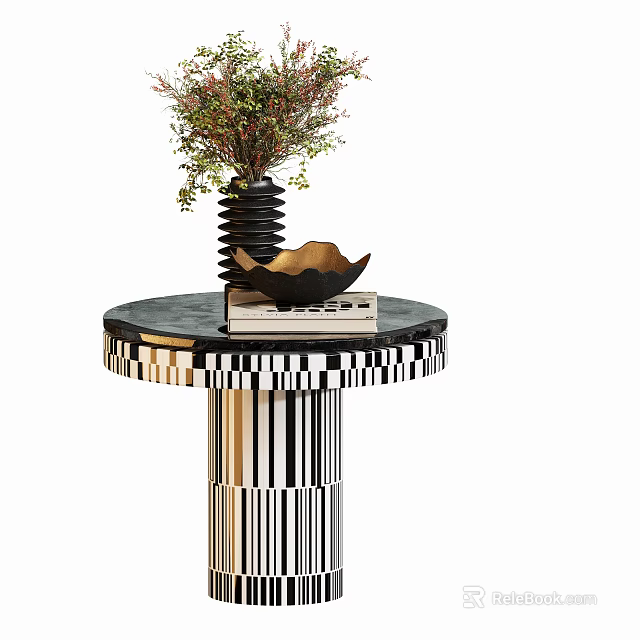 Modern Round Side Table With Black White Striped Base Vase Bowl And Books 3d model 