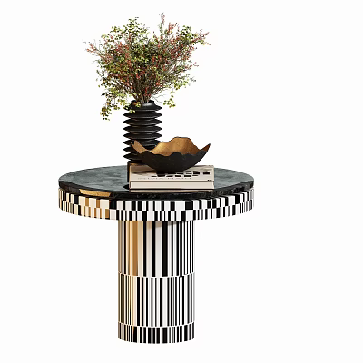 Modern Round Side Table With Black White Striped Base Vase Bowl And Books 3d model