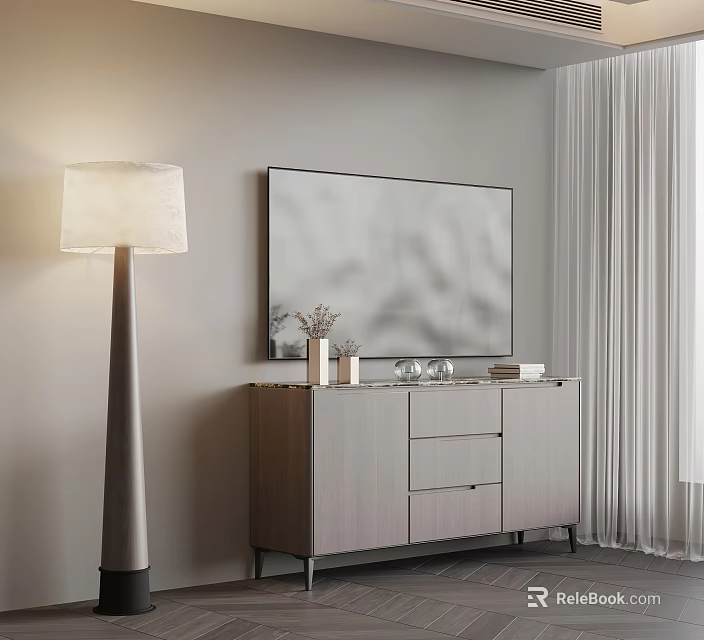 Modern TV Stand with Wooden Design Metal Legs Mounted TV Floor Lamp and Decorative Books 3d model 