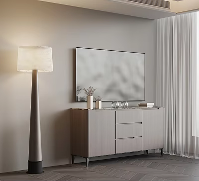 Modern TV Stand with Wooden Design Metal Legs Mounted TV Floor Lamp and Decorative Books 3d model