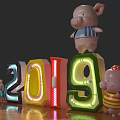 Decorative Colorful Illuminated 2019 Numbers With Pig Dolls On Wooden Floor