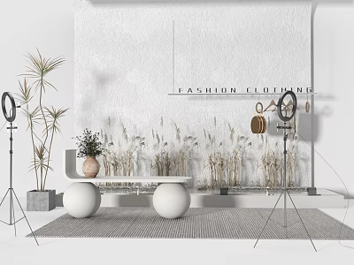Iron Art Fashion Clothing Display Rack With Decorative Plants And White Stools 3d model