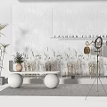 Iron Art Fashion Clothing Display Rack With Decorative Plants And White Stools