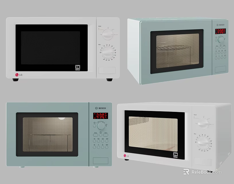 Modern Kitchen Microwave Ovens With Different Designs Colors And Control Panels 3d model