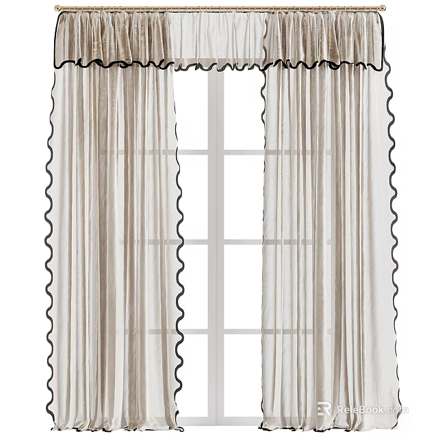 Elegant Beige Curtains With Black Ruffled Edges And Sheer Inner Layer For Window 3d model 