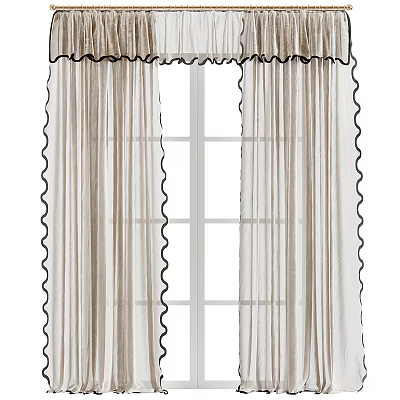 Elegant Beige Curtains With Black Ruffled Edges And Sheer Inner Layer For Window 3d model