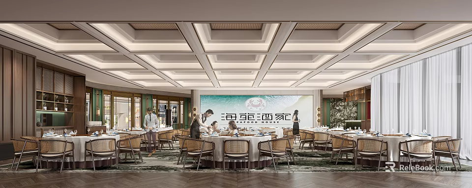 Elegant Restaurant Interior Featuring Round Dining Tables Chairs Guests Ceiling Lights And Decorative Wall 3d model 