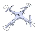 White Modern Drone With Propeller Guards Flying In Blue Sky Background